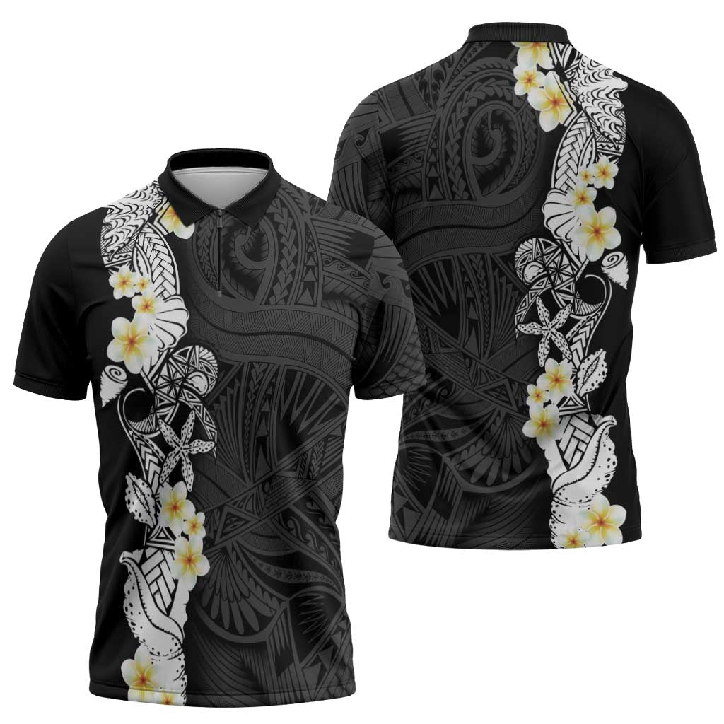 Black Samoa Tattoo Zipper Polo Shirt Plumeria Samoan Ocean Tatau Pattern - Polynesian Pride