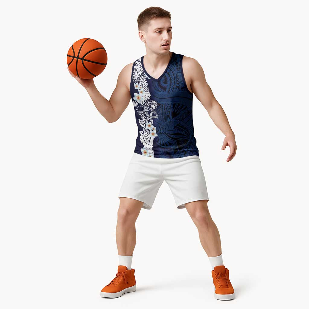 Blue Samoa Tattoo Basketball Jersey Plumeria Samoan Ocean Tatau Pattern - Polynesian Pride