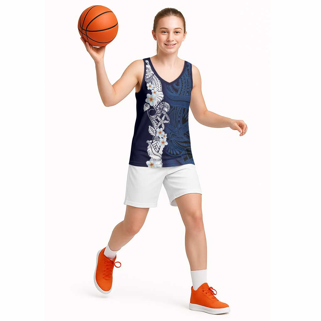 Blue Samoa Tattoo Basketball Jersey Plumeria Samoan Ocean Tatau Pattern - Polynesian Pride