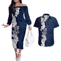 Blue Samoa Tattoo Couples Matching Off The Shoulder Long Sleeve Dress and Hawaiian Shirt Plumeria Samoan Ocean Tatau Pattern - Polynesian Pride