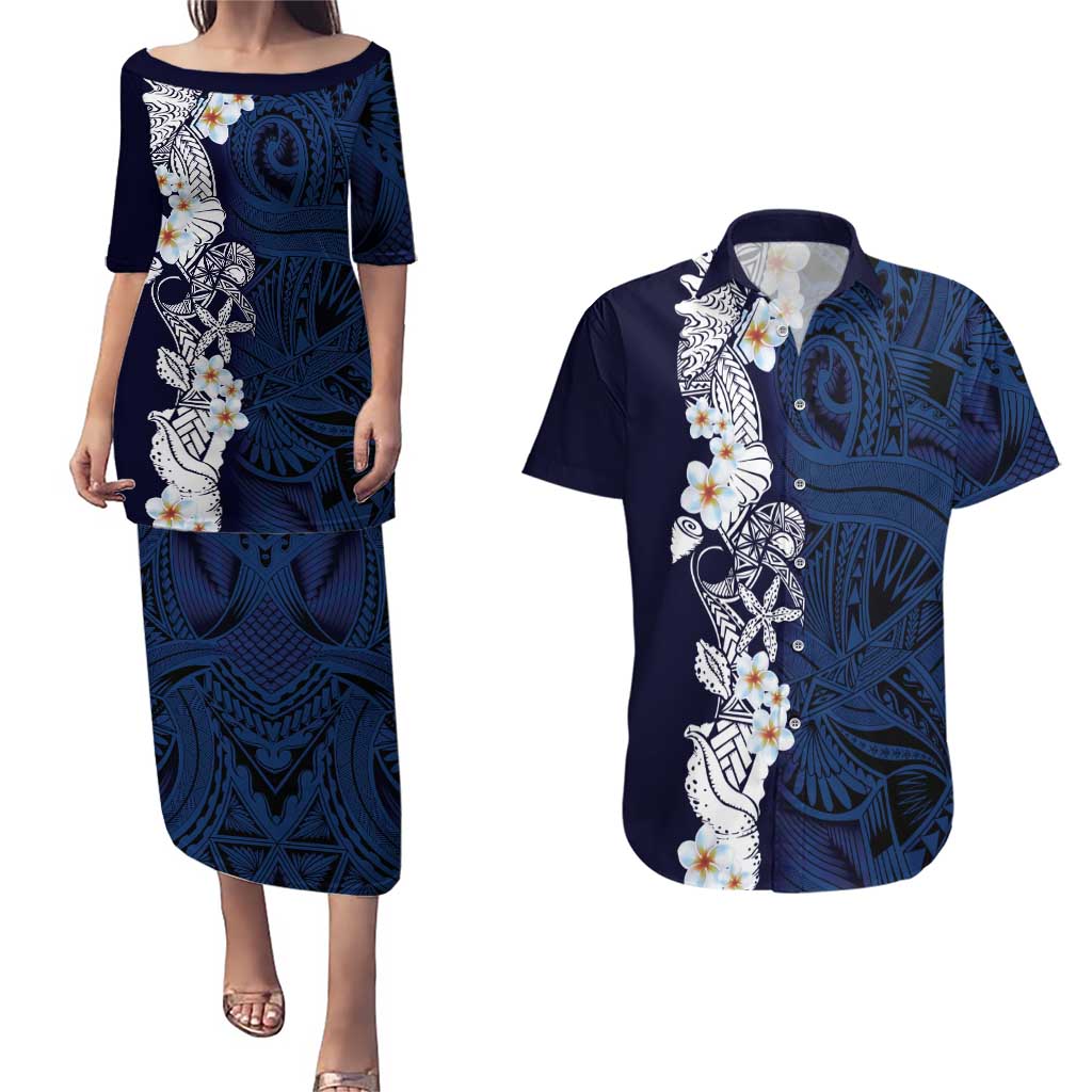 Blue Samoa Tattoo Couples Matching Puletasi and Hawaiian Shirt Plumeria Samoan Ocean Tatau Pattern - Polynesian Pride