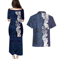 Blue Samoa Tattoo Couples Matching Puletasi and Hawaiian Shirt Plumeria Samoan Ocean Tatau Pattern - Polynesian Pride