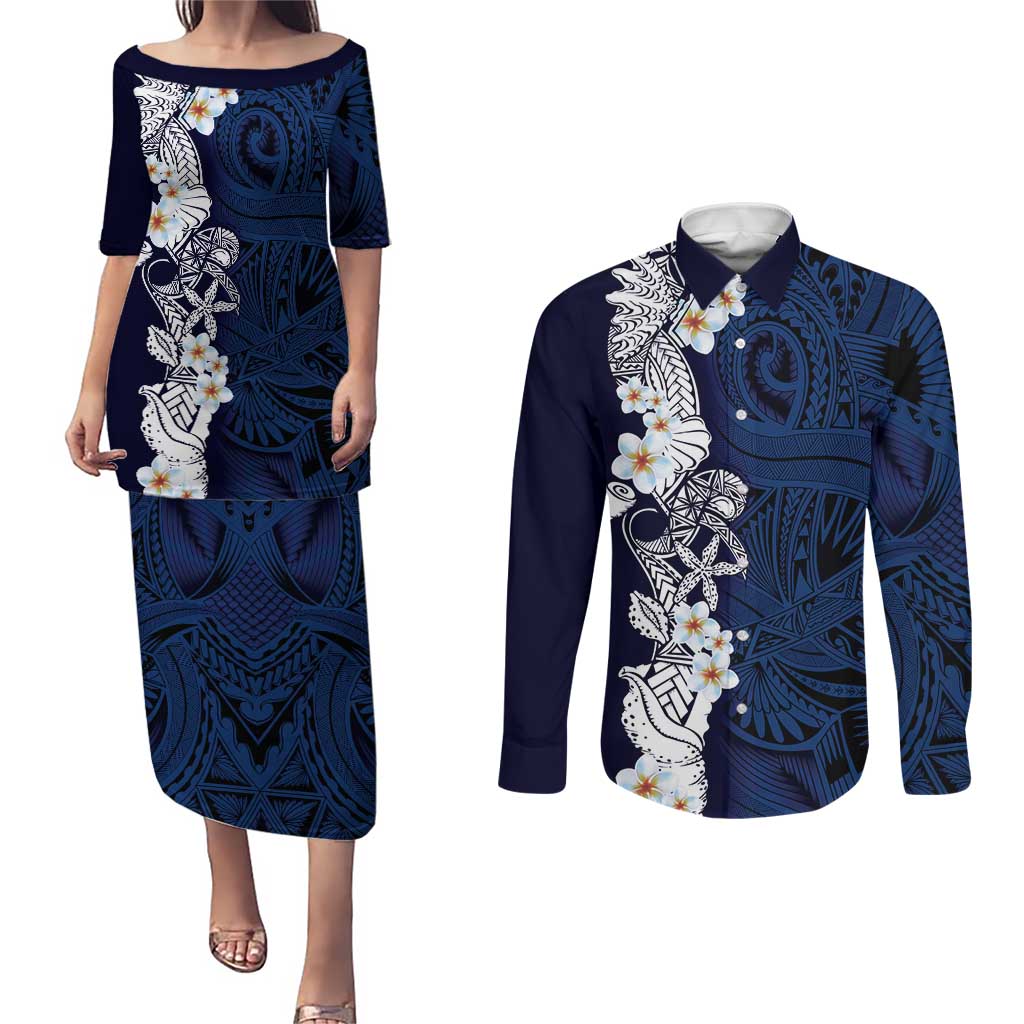 Blue Samoa Tattoo Couples Matching Puletasi and Long Sleeve Button Shirt Plumeria Samoan Ocean Tatau Pattern - Polynesian Pride