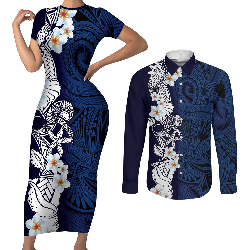 Blue Samoa Tattoo Couples Matching Short Sleeve Bodycon Dress and Long Sleeve Button Shirt Plumeria Samoan Ocean Tatau Pattern - Polynesian Pride