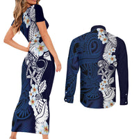 Blue Samoa Tattoo Couples Matching Short Sleeve Bodycon Dress and Long Sleeve Button Shirt Plumeria Samoan Ocean Tatau Pattern - Polynesian Pride