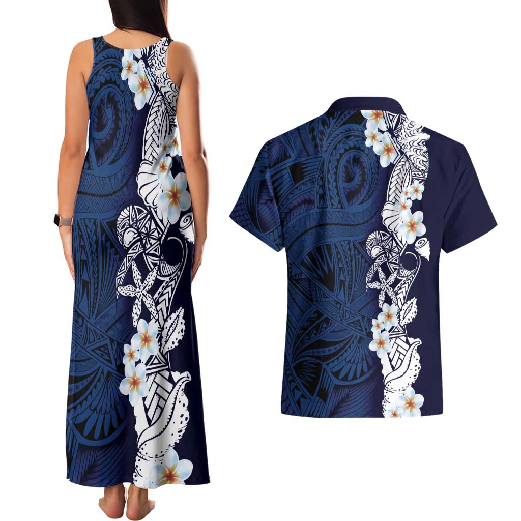 Blue Samoa Tattoo Couples Matching Tank Maxi Dress and Hawaiian Shirt Plumeria Samoan Ocean Tatau Pattern - Polynesian Pride