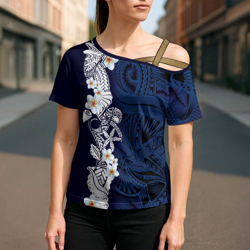 Blue Samoa Tattoo Cross Shoulder Shirt Plumeria Samoan Ocean Tatau Pattern - Polynesian Pride