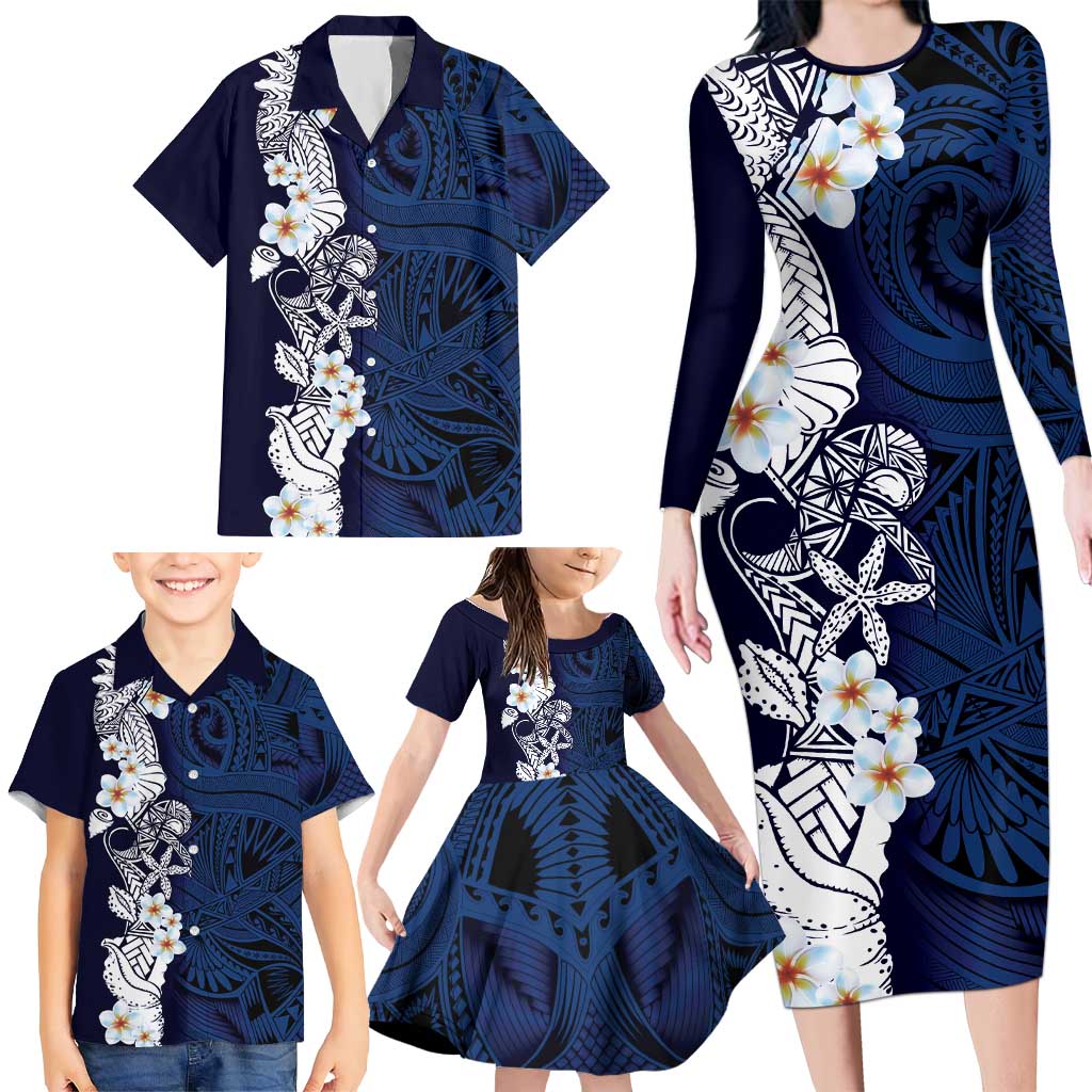 Blue Samoa Tattoo Family Matching Long Sleeve Bodycon Dress and Hawaiian Shirt Plumeria Samoan Ocean Tatau Pattern LT14 - Polynesian Pride