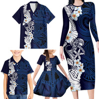 Blue Samoa Tattoo Family Matching Long Sleeve Bodycon Dress and Hawaiian Shirt Plumeria Samoan Ocean Tatau Pattern LT14 - Polynesian Pride