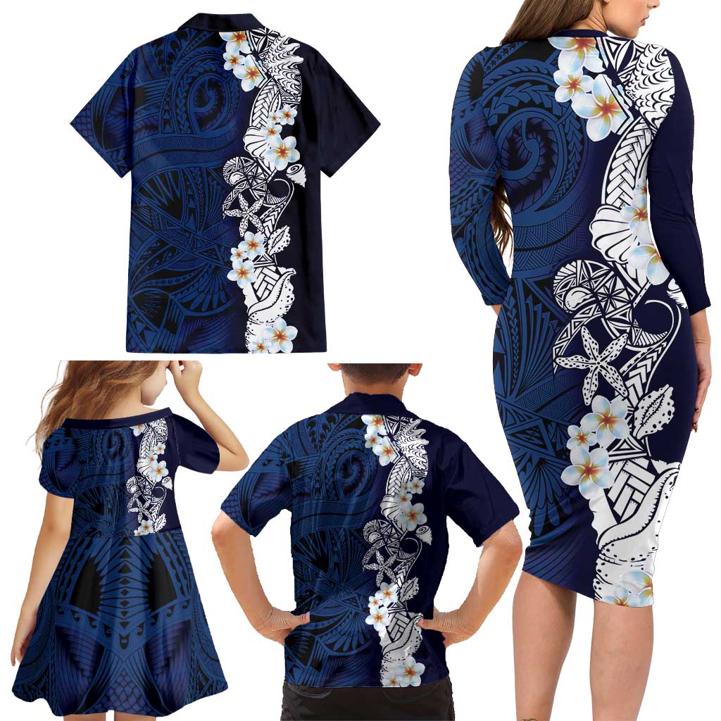 Blue Samoa Tattoo Family Matching Long Sleeve Bodycon Dress and Hawaiian Shirt Plumeria Samoan Ocean Tatau Pattern LT14 - Polynesian Pride