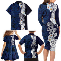 Blue Samoa Tattoo Family Matching Long Sleeve Bodycon Dress and Hawaiian Shirt Plumeria Samoan Ocean Tatau Pattern LT14 - Polynesian Pride