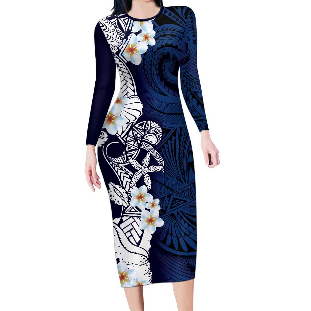 Blue Samoa Tattoo Family Matching Long Sleeve Bodycon Dress and Hawaiian Shirt Plumeria Samoan Ocean Tatau Pattern LT14 Mom's Dress Blue - Polynesian Pride