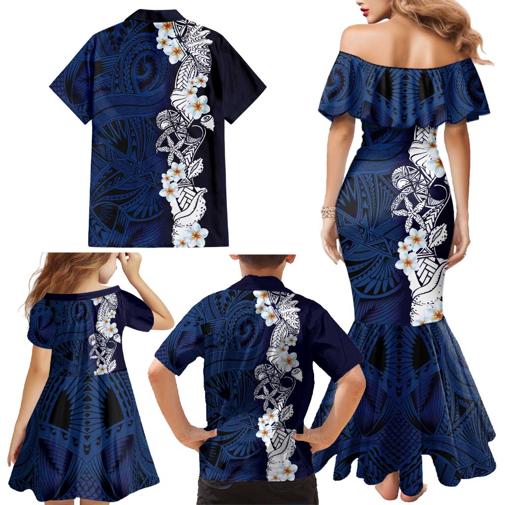 Blue Samoa Tattoo Family Matching Mermaid Dress and Hawaiian Shirt Plumeria Samoan Ocean Tatau Pattern LT14 - Polynesian Pride