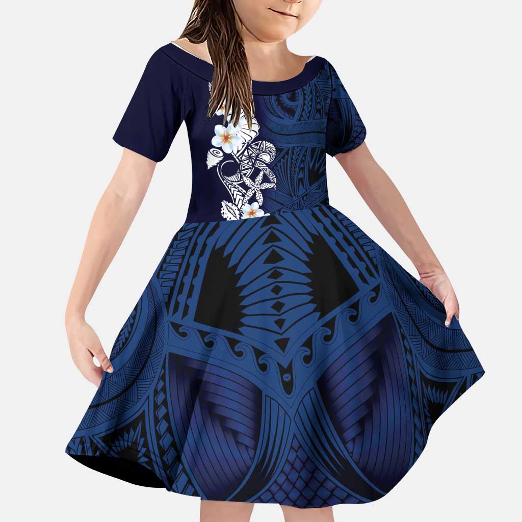 Blue Samoa Tattoo Family Matching Off The Shoulder Long Sleeve Dress and Hawaiian Shirt Plumeria Samoan Ocean Tatau Pattern LT14 Daughter's Dress Blue - Polynesian Pride