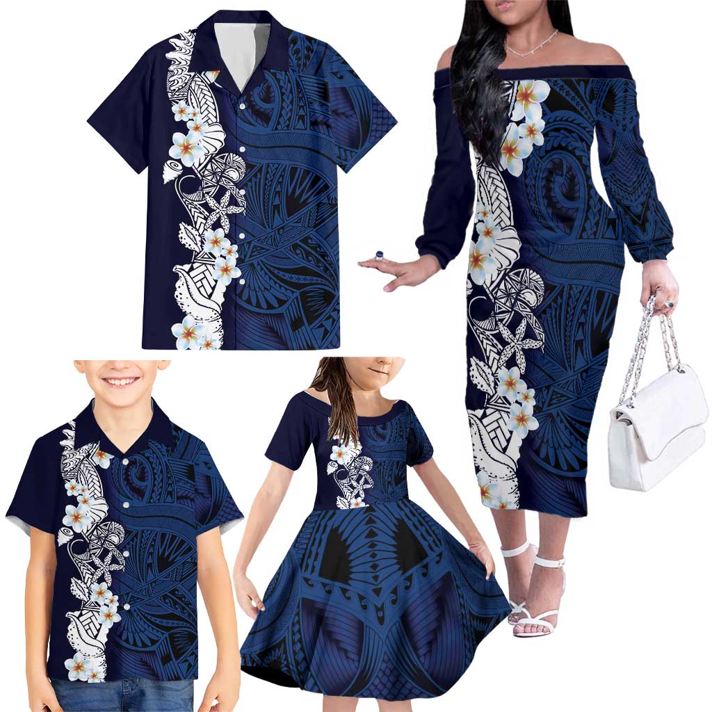 Blue Samoa Tattoo Family Matching Off The Shoulder Long Sleeve Dress and Hawaiian Shirt Plumeria Samoan Ocean Tatau Pattern - Polynesian Pride