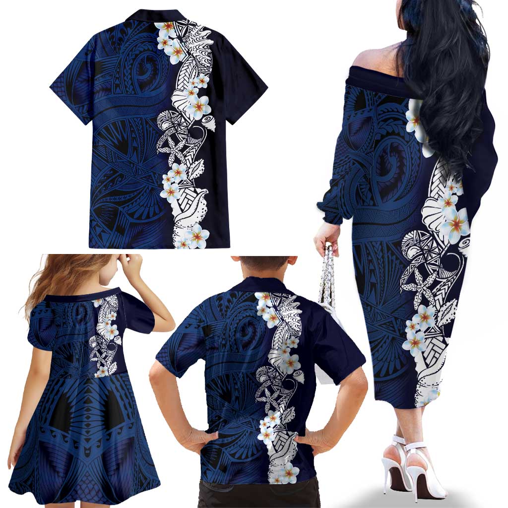 Blue Samoa Tattoo Family Matching Off The Shoulder Long Sleeve Dress and Hawaiian Shirt Plumeria Samoan Ocean Tatau Pattern LT14 - Polynesian Pride