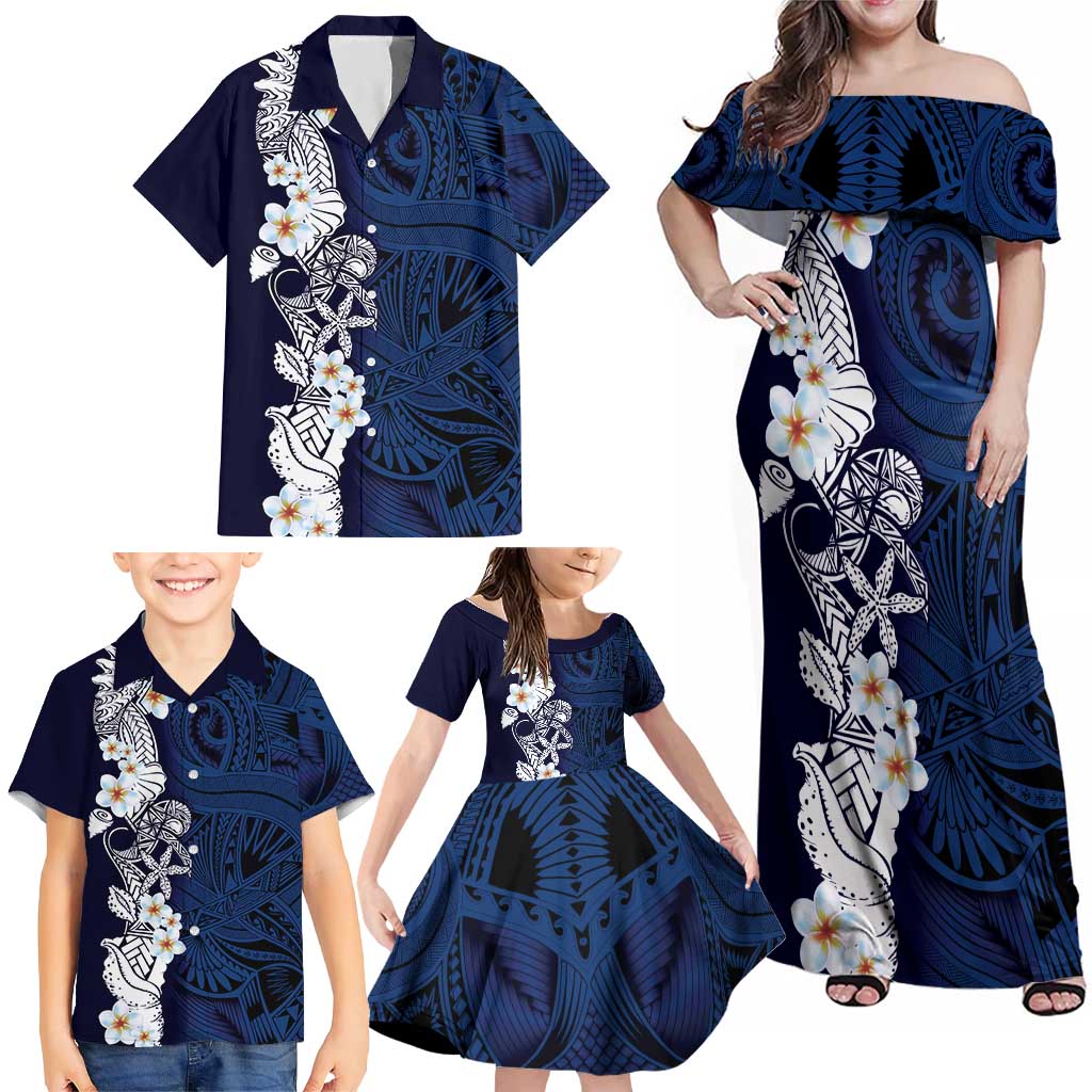 Blue Samoa Tattoo Family Matching Off Shoulder Maxi Dress and Hawaiian Shirt Plumeria Samoan Ocean Tatau Pattern - Polynesian Pride