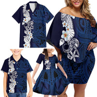 Blue Samoa Tattoo Family Matching Off Shoulder Short Dress and Hawaiian Shirt Plumeria Samoan Ocean Tatau Pattern - Polynesian Pride