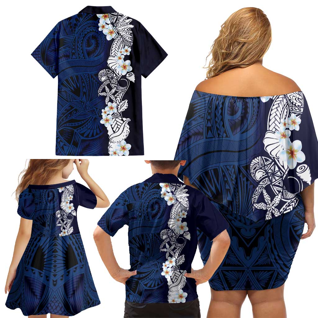 Blue Samoa Tattoo Family Matching Off Shoulder Short Dress and Hawaiian Shirt Plumeria Samoan Ocean Tatau Pattern - Polynesian Pride