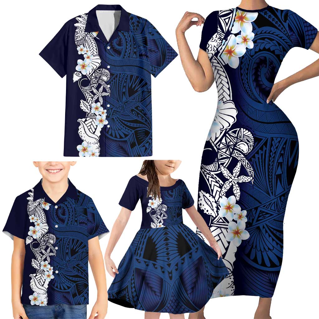 Blue Samoa Tattoo Family Matching Short Sleeve Bodycon Dress and Hawaiian Shirt Plumeria Samoan Ocean Tatau Pattern - Polynesian Pride