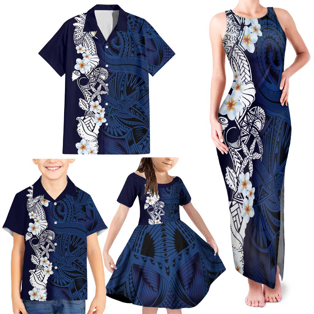 Blue Samoa Tattoo Family Matching Tank Maxi Dress and Hawaiian Shirt Plumeria Samoan Ocean Tatau Pattern - Polynesian Pride