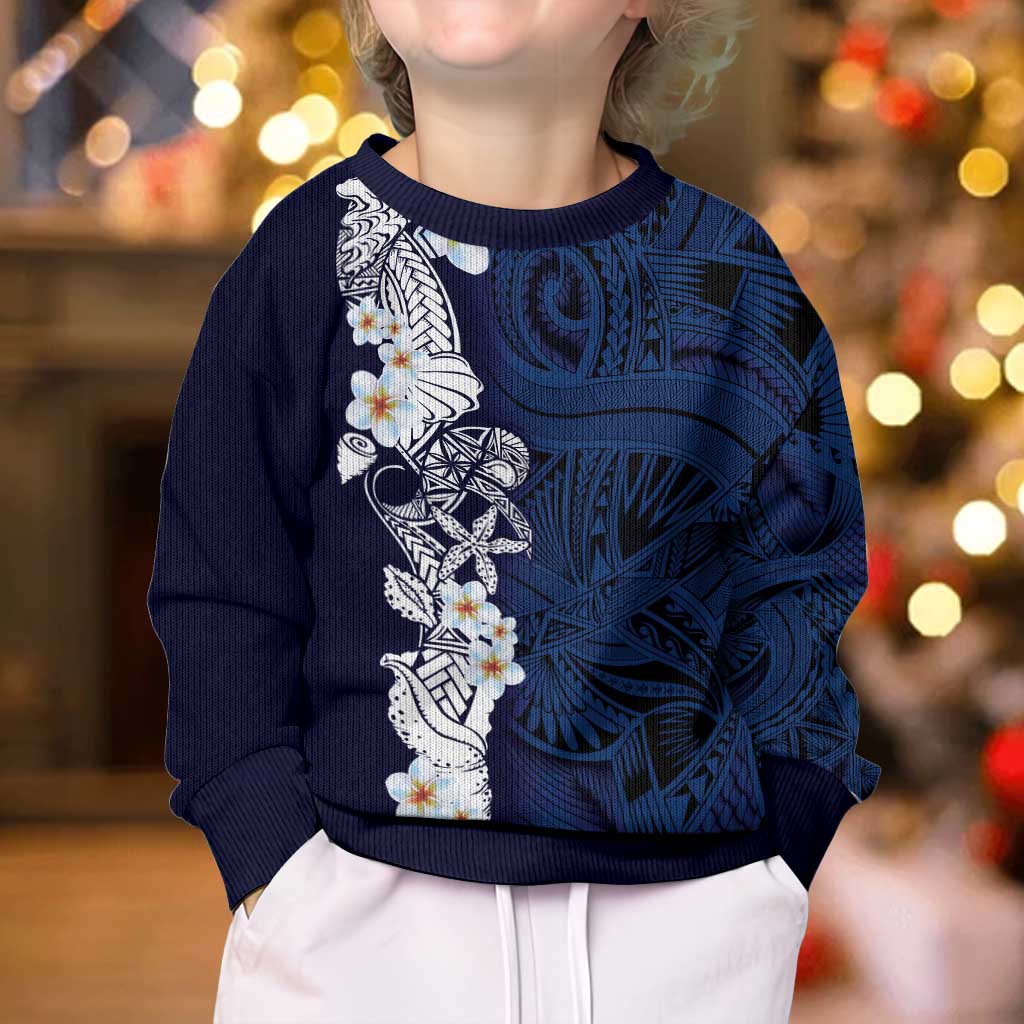 Blue Samoa Tattoo Kid Ugly Christmas Sweater Plumeria Samoan Ocean Tatau Pattern - Polynesian Pride