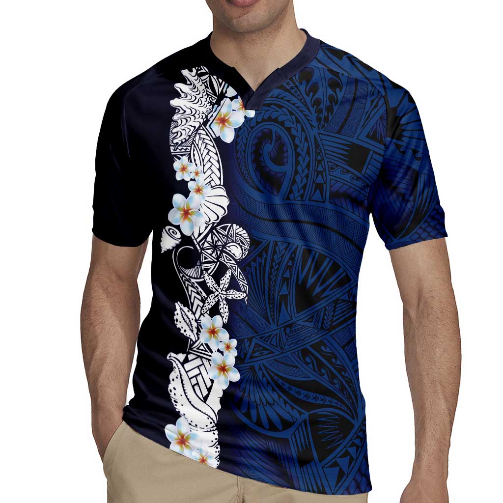 Blue Samoa Tattoo Rugby Jersey Plumeria Samoan Ocean Tatau Pattern - Polynesian Pride