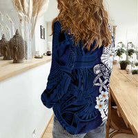 Blue Samoa Tattoo Women Casual Shirt Plumeria Samoan Ocean Tatau Pattern - Polynesian Pride