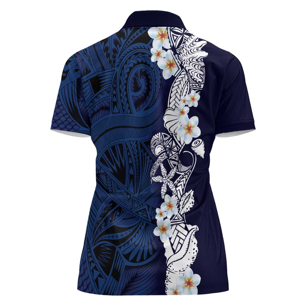 Blue Samoa Tattoo Women Polo Shirt Plumeria Samoan Ocean Tatau Pattern - Polynesian Pride