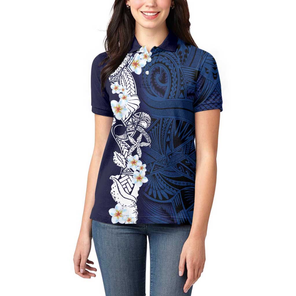 Blue Samoa Tattoo Women Polo Shirt Plumeria Samoan Ocean Tatau Pattern - Polynesian Pride