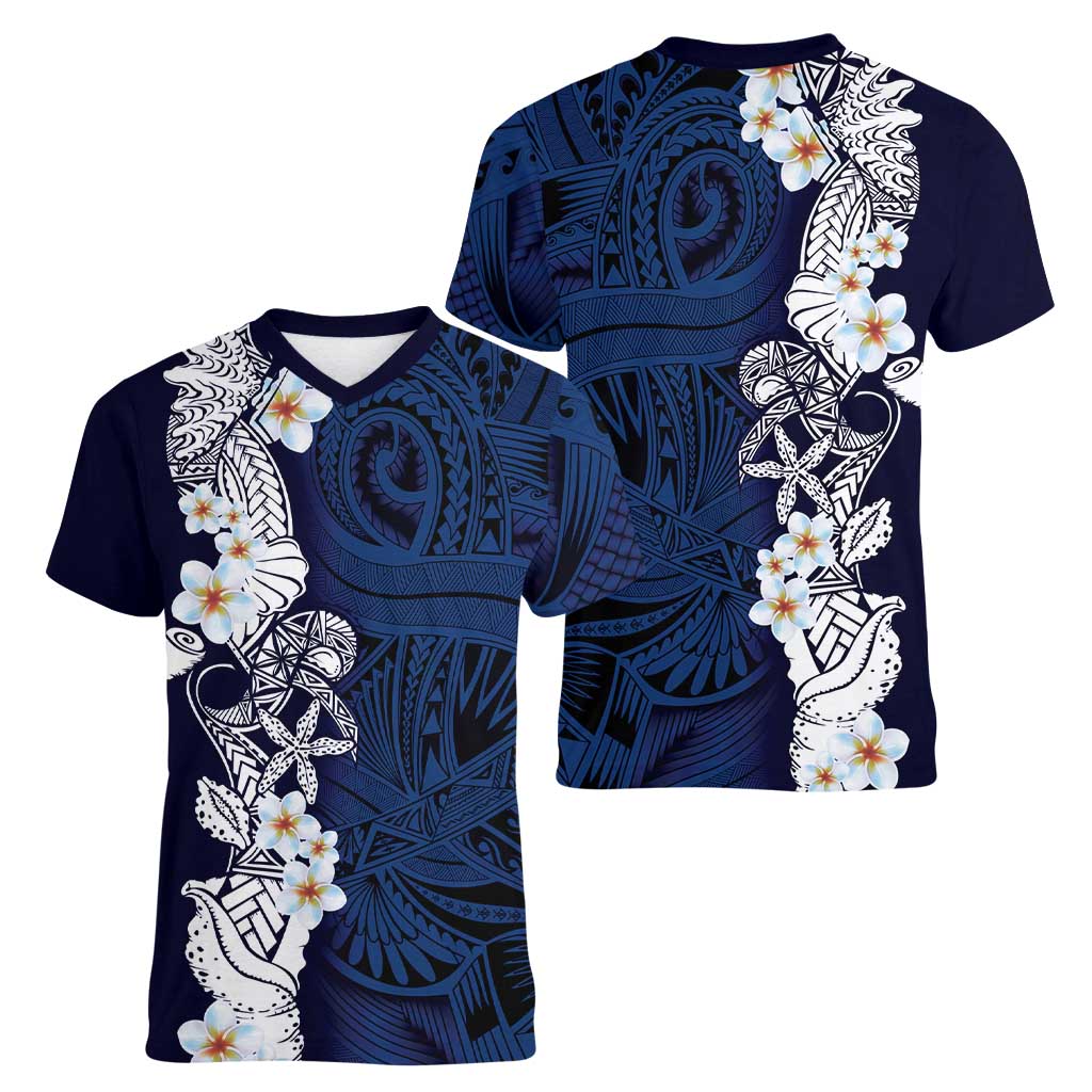 Blue Samoa Tattoo Women V-Neck T-Shirt Plumeria Samoan Ocean Tatau Pattern - Polynesian Pride