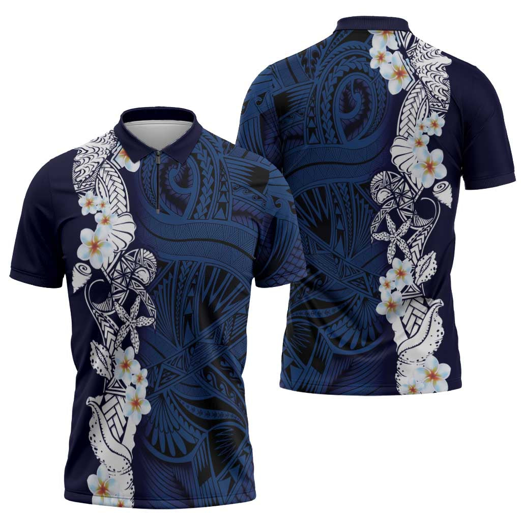 Blue Samoa Tattoo Zipper Polo Shirt Plumeria Samoan Ocean Tatau Pattern - Polynesian Pride
