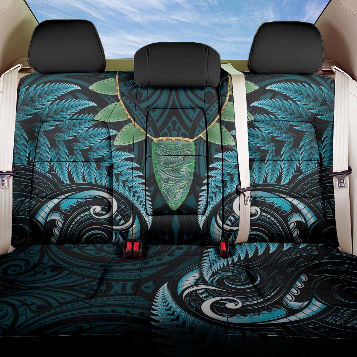 Aotearoa Pounamu Niho Back Car Seat Cover Silver Fern Mix Maori Pattern - Turquoise LT14 One Size Turquoise - Polynesian Pride