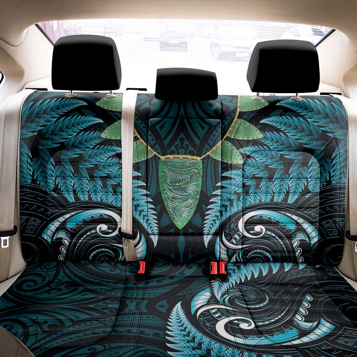 Aotearoa Pounamu Niho Back Car Seat Cover Silver Fern Mix Maori Pattern - Turquoise LT14 - Polynesian Pride