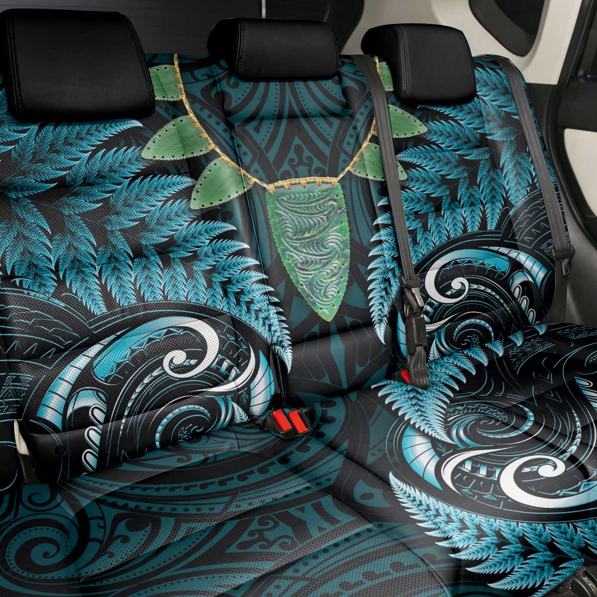 Aotearoa Pounamu Niho Back Car Seat Cover Silver Fern Mix Maori Pattern - Turquoise LT14 - Polynesian Pride