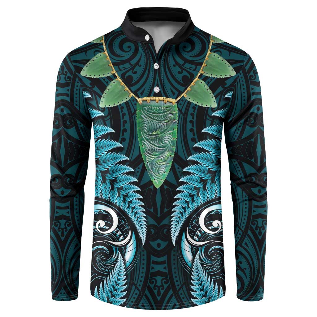 Aotearoa Pounamu Niho Button Sweatshirt Silver Fern Mix Maori Pattern - Turquoise LT14 Turquoise - Polynesian Pride
