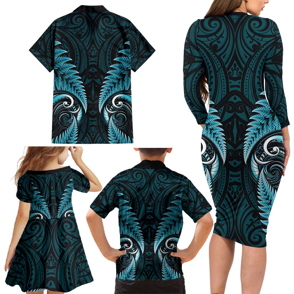 Aotearoa Pounamu Niho Family Matching Long Sleeve Bodycon Dress and Hawaiian Shirt Silver Fern Mix Maori Pattern - Turquoise LT14 - Polynesian Pride
