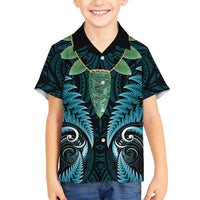 Aotearoa Pounamu Niho Family Matching Long Sleeve Bodycon Dress and Hawaiian Shirt Silver Fern Mix Maori Pattern - Turquoise LT14 Son's Shirt Turquoise - Polynesian Pride