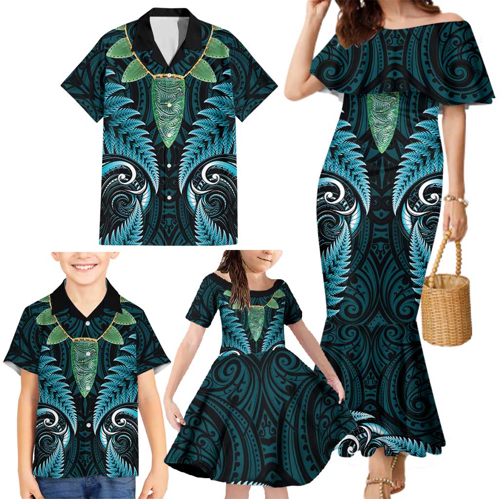 Aotearoa Pounamu Niho Family Matching Mermaid Dress and Hawaiian Shirt Silver Fern Mix Maori Pattern - Turquoise LT14 - Polynesian Pride
