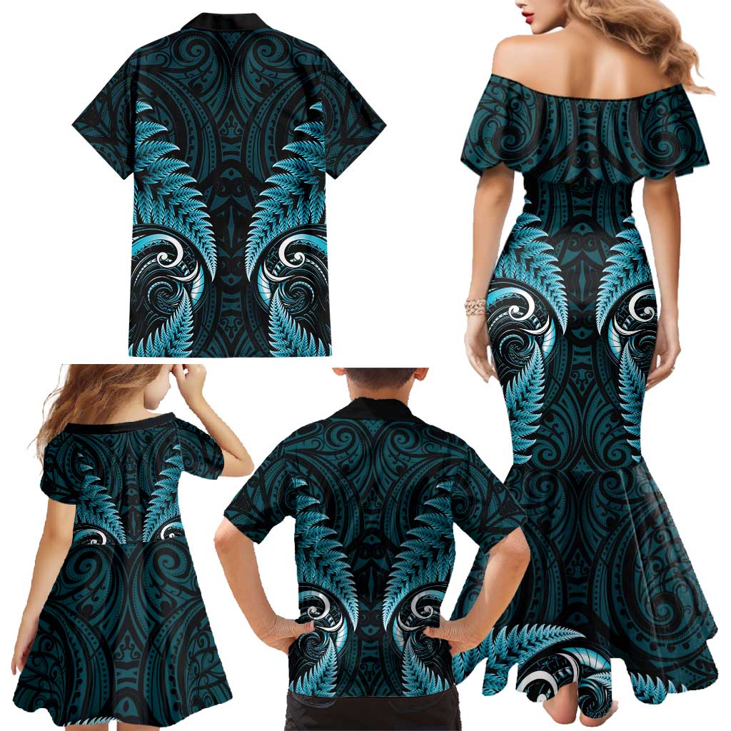 Aotearoa Pounamu Niho Family Matching Mermaid Dress and Hawaiian Shirt Silver Fern Mix Maori Pattern - Turquoise LT14 - Polynesian Pride