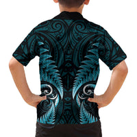 Aotearoa Pounamu Niho Family Matching Off The Shoulder Long Sleeve Dress and Hawaiian Shirt Silver Fern Mix Maori Pattern - Turquoise LT14 - Polynesian Pride