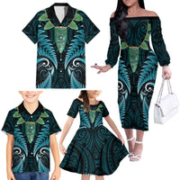 Aotearoa Pounamu Niho Family Matching Off The Shoulder Long Sleeve Dress and Hawaiian Shirt Silver Fern Mix Maori Pattern - Turquoise LT14 - Polynesian Pride