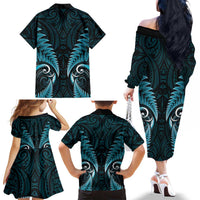 Aotearoa Pounamu Niho Family Matching Off The Shoulder Long Sleeve Dress and Hawaiian Shirt Silver Fern Mix Maori Pattern - Turquoise LT14 - Polynesian Pride
