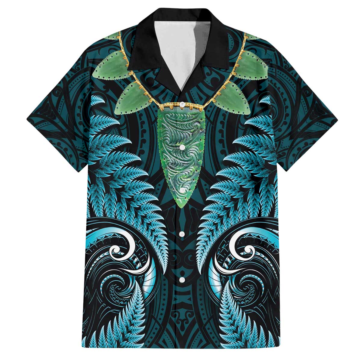 Aotearoa Pounamu Niho Family Matching Off The Shoulder Long Sleeve Dress and Hawaiian Shirt Silver Fern Mix Maori Pattern - Turquoise LT14 Dad's Shirt - Short Sleeve Turquoise - Polynesian Pride