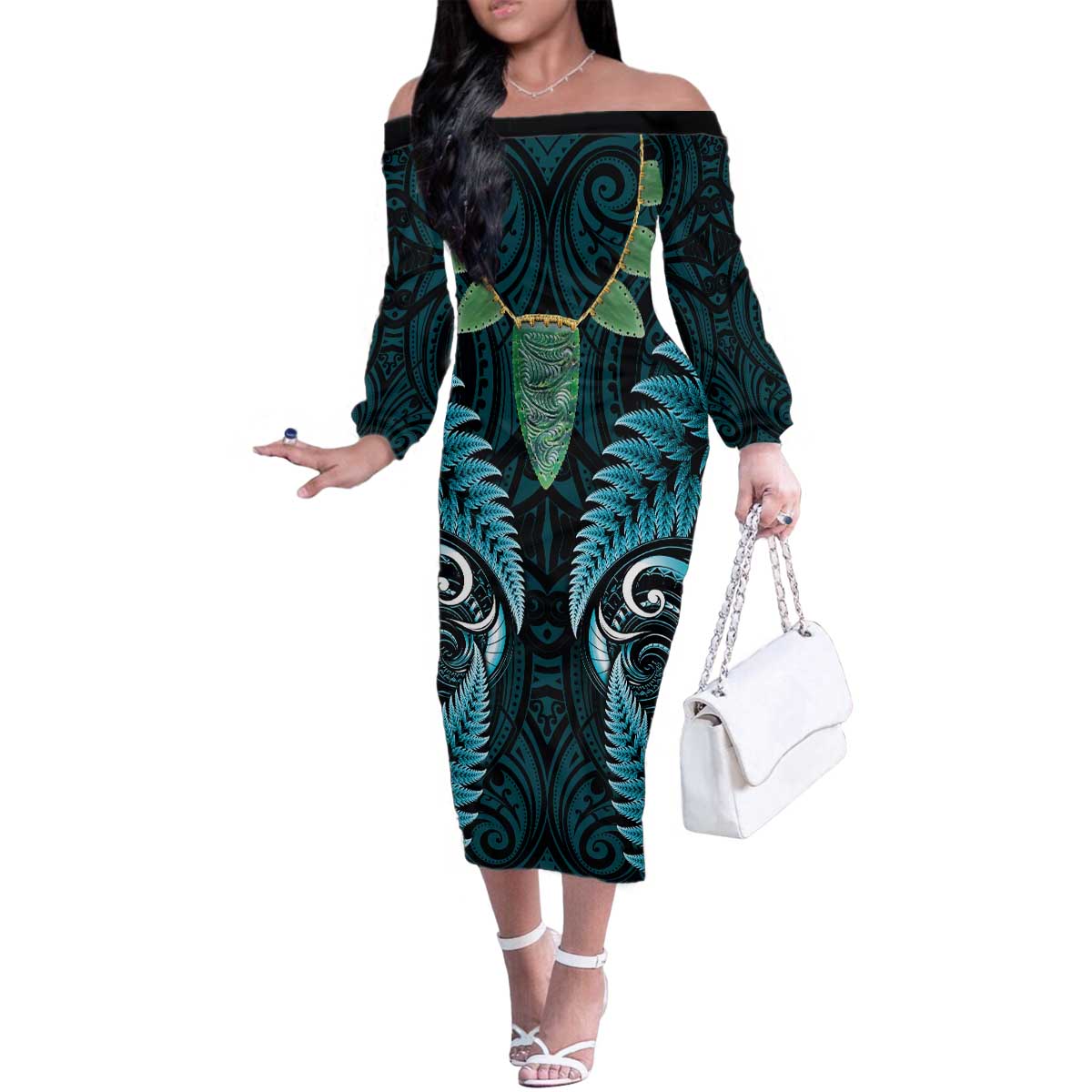 Aotearoa Pounamu Niho Family Matching Off The Shoulder Long Sleeve Dress and Hawaiian Shirt Silver Fern Mix Maori Pattern - Turquoise LT14 Mom's Dress Turquoise - Polynesian Pride