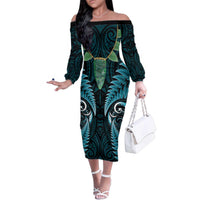 Aotearoa Pounamu Niho Family Matching Off The Shoulder Long Sleeve Dress and Hawaiian Shirt Silver Fern Mix Maori Pattern - Turquoise LT14 Mom's Dress Turquoise - Polynesian Pride