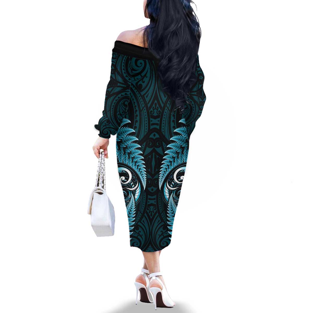 Aotearoa Pounamu Niho Family Matching Off The Shoulder Long Sleeve Dress and Hawaiian Shirt Silver Fern Mix Maori Pattern - Turquoise LT14 - Polynesian Pride