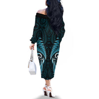 Aotearoa Pounamu Niho Family Matching Off The Shoulder Long Sleeve Dress and Hawaiian Shirt Silver Fern Mix Maori Pattern - Turquoise LT14 - Polynesian Pride