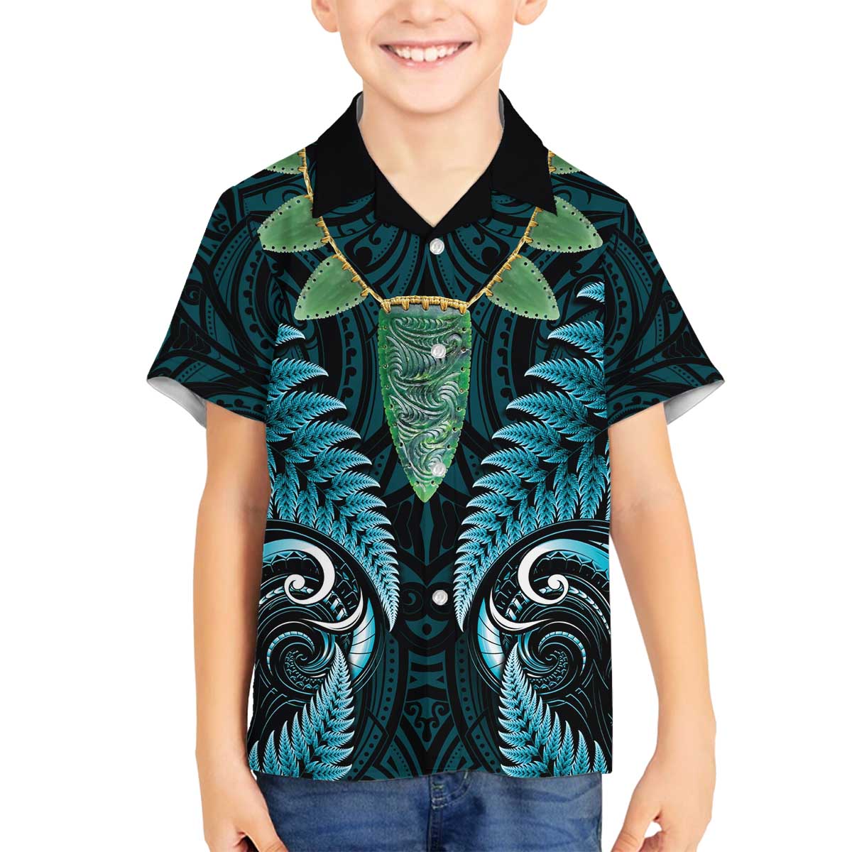 Aotearoa Pounamu Niho Family Matching Off The Shoulder Long Sleeve Dress and Hawaiian Shirt Silver Fern Mix Maori Pattern - Turquoise LT14 Son's Shirt Turquoise - Polynesian Pride