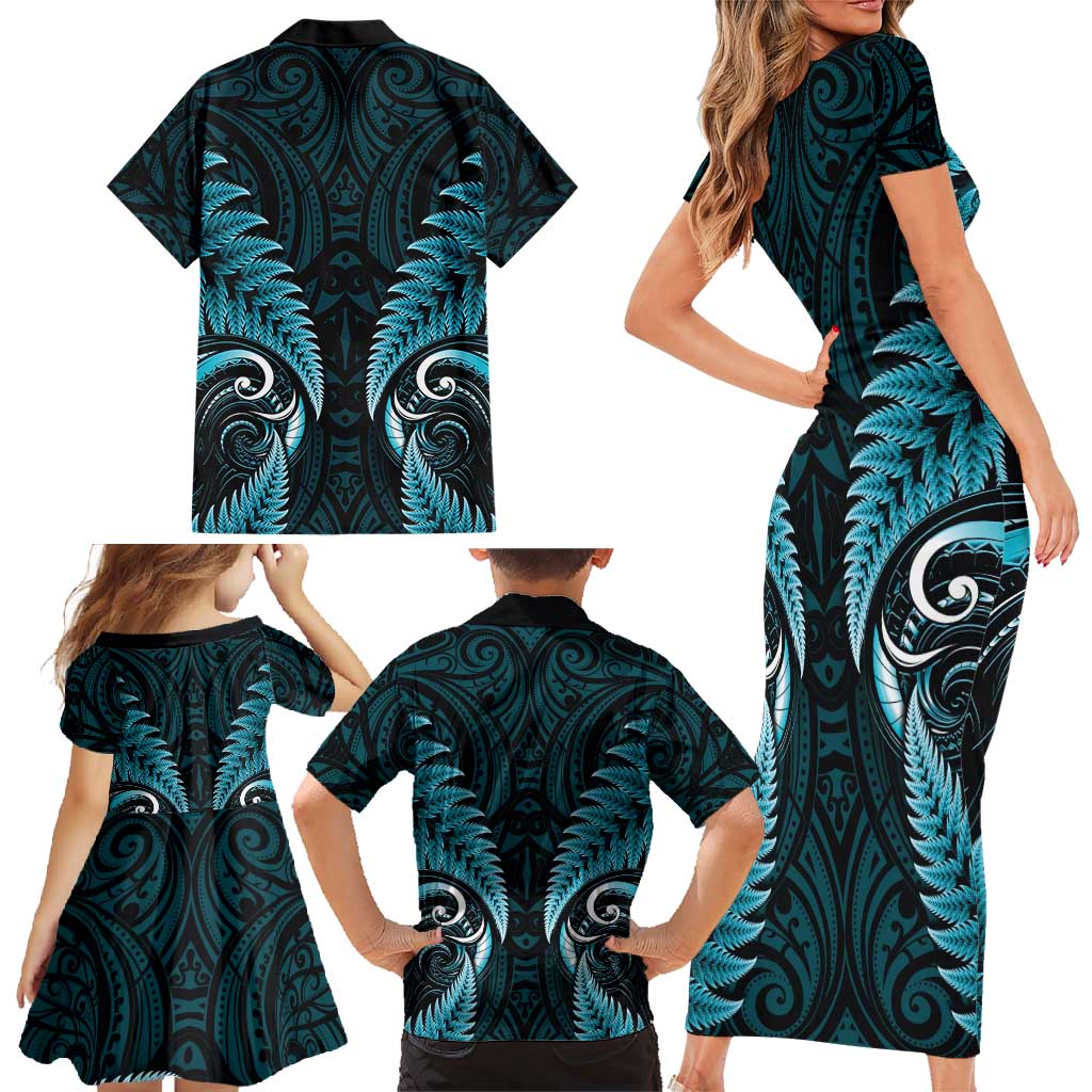 Aotearoa Pounamu Niho Family Matching Short Sleeve Bodycon Dress and Hawaiian Shirt Silver Fern Mix Maori Pattern - Turquoise LT14 - Polynesian Pride
